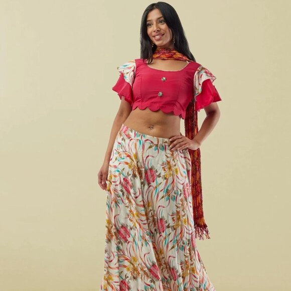 White Printed Lehenga with Pink Crop Top | Muvvas Boutique - Picture 1 of 5